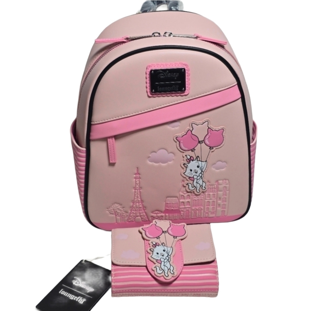 Loungefly Pink Marie Cat Balloon Mini Backpack with Matching Wallet